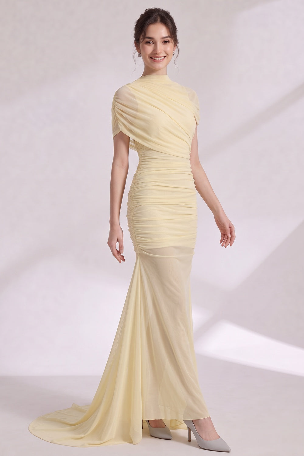 pale yellow sheer mesh fitted mermaid evening gown with sheer train pale yellow sheer mesh evening gown - product view 3