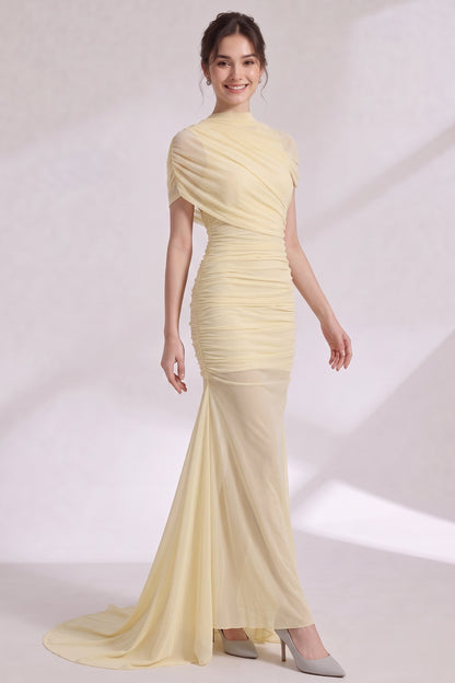 pale yellow sheer mesh fitted mermaid evening gown with sheer train pale yellow sheer mesh evening gown - product view 3