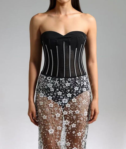 Ophélie black Strapless Corset Sheer sequined flower midi dress