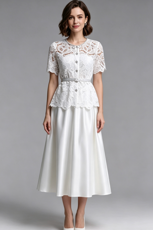 white floral lace a-line two-piece midi dress