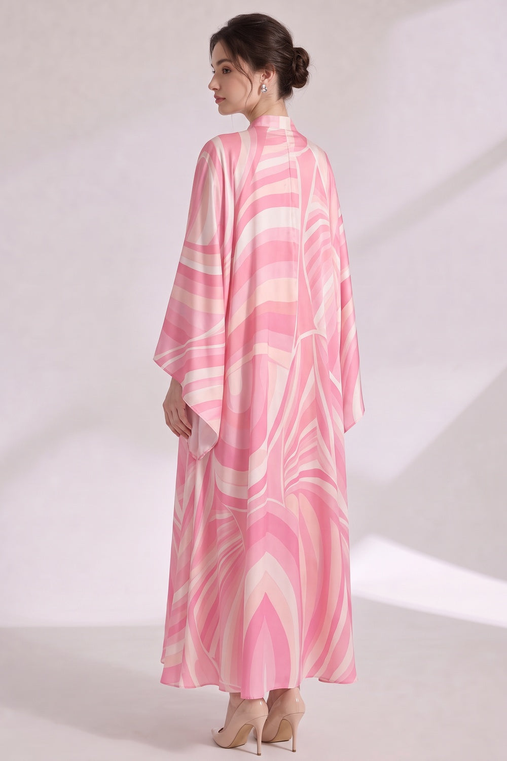 Pink Silk Satin Psychedelic Swirl Kaftan Dress pink, light pink silk satin kaftan dress - product view 3