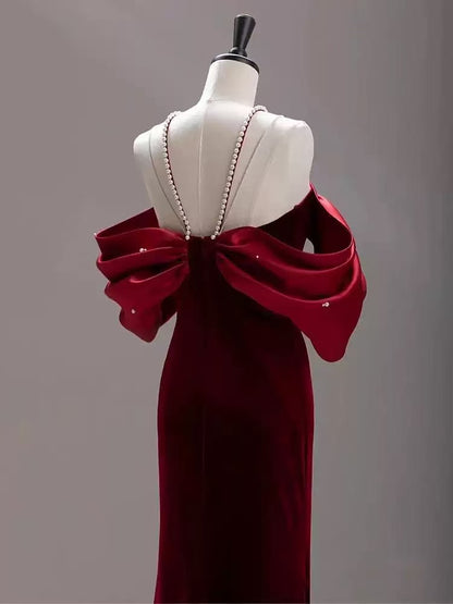 Tove Off Shoulder Velvet Maxi Dress - Red