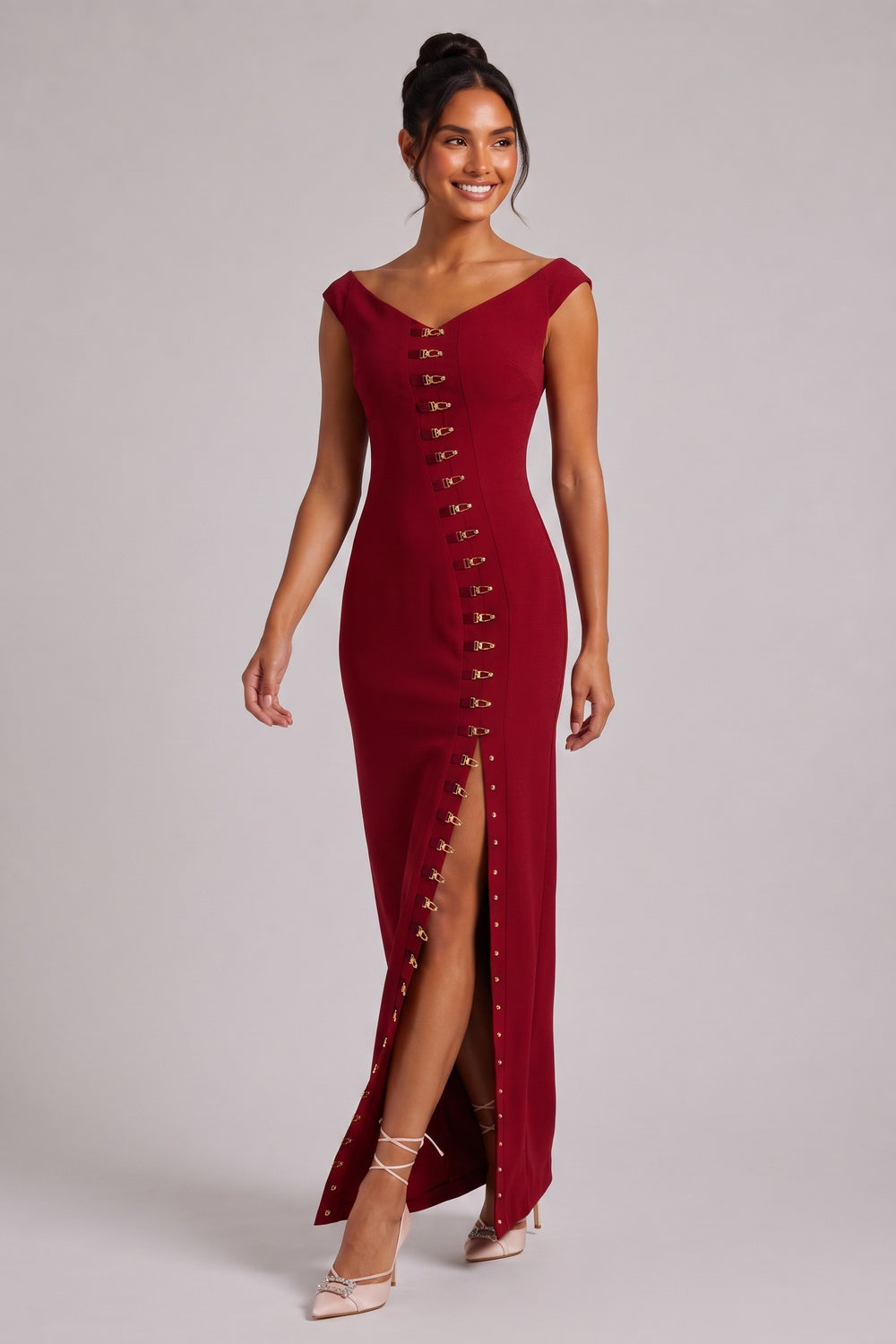 Burgundy Gold Hardware Maxi Dress Premium Fabric - product view 3