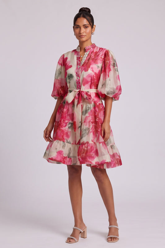 Cream Organza Watercolor Floral A-Line Dress with Puff Sleeves cream, off-white organza dress - product view 2