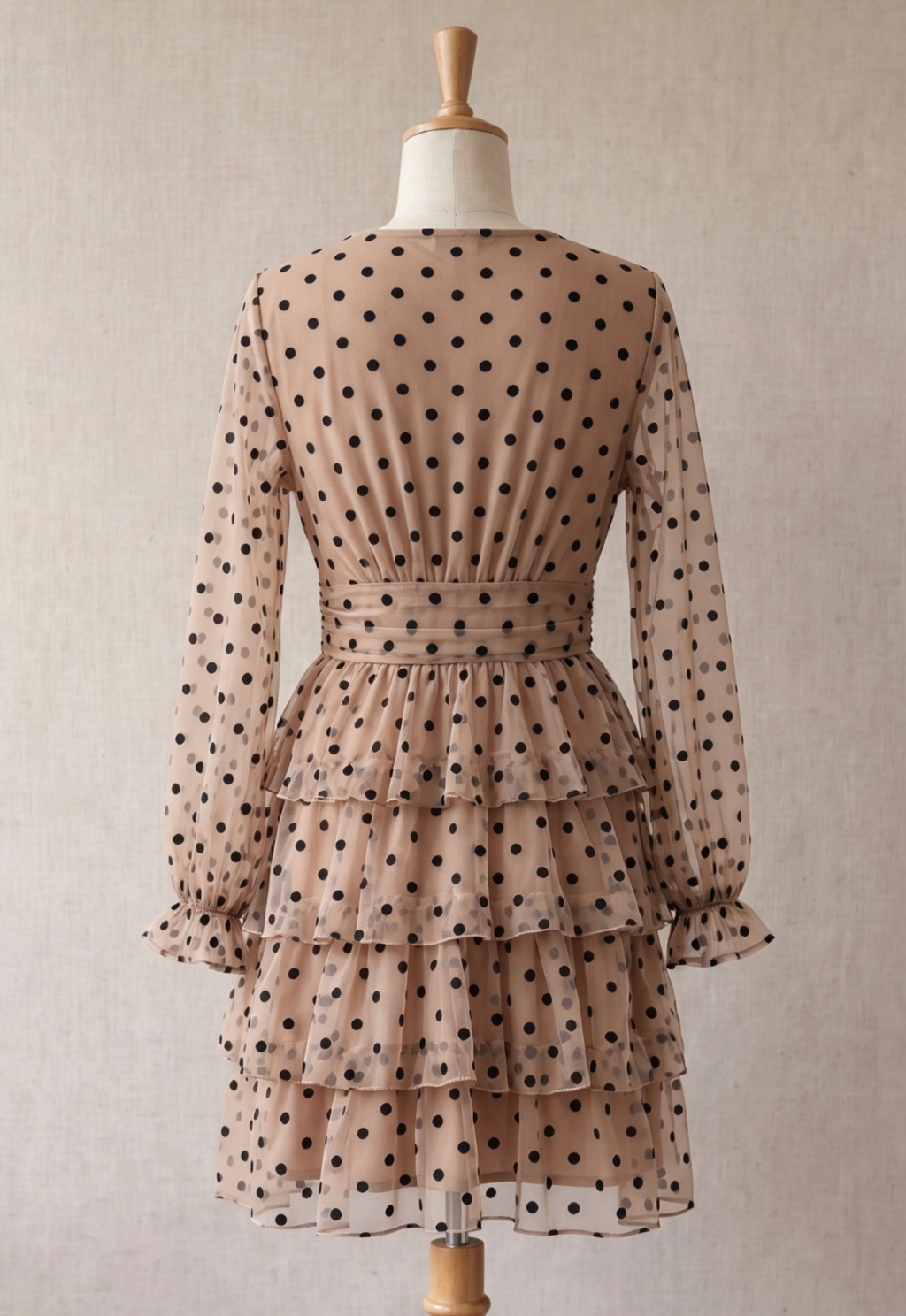 Beige Sheer Mesh Fit-and-Flare Tiered Dress