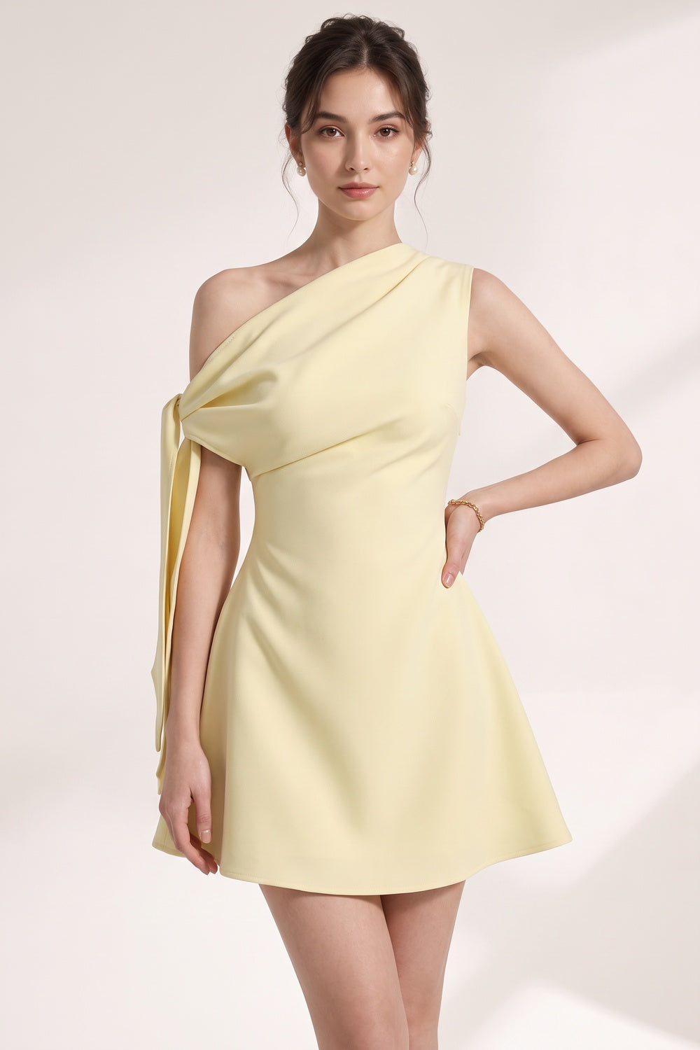 Pale Yellow Asymmetrical One-Shoulder A-Line Mini Dress pale yellow structured crepe mini dress - product view 1