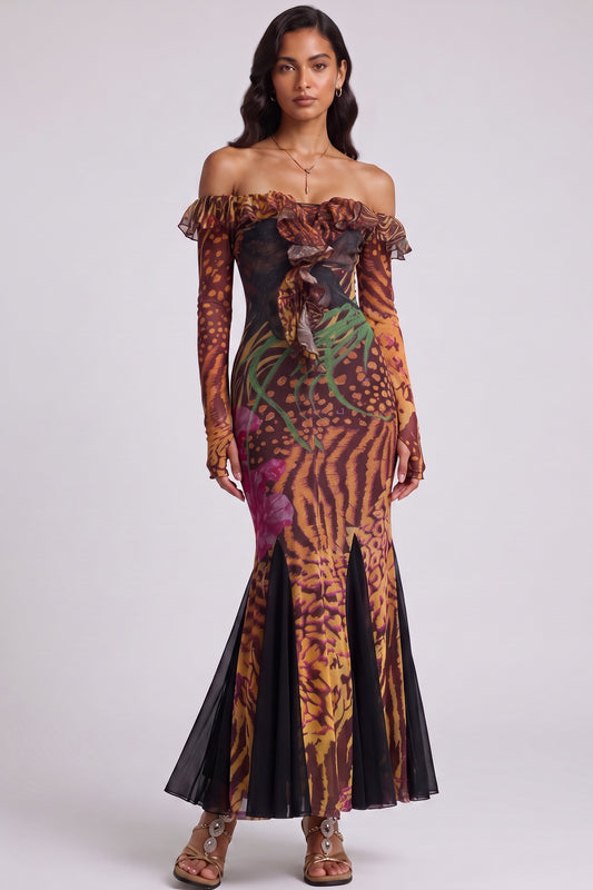 Brown Mesh Mermaid Dress brown, orange, black mesh dress - product view 1