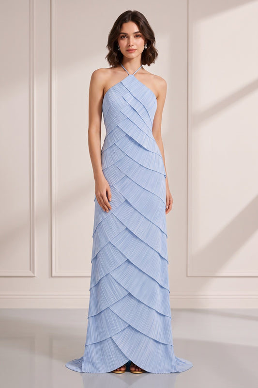 light blue plissé chiffon column with tiered layers gown light blue plissé chiffon gown - product view 1