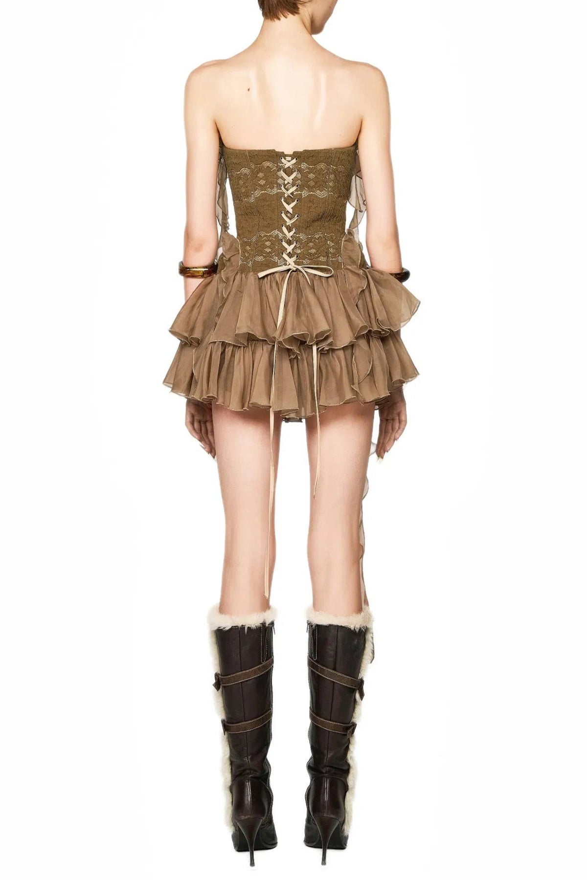 althea ruffle trim fish bones mini dress in brown