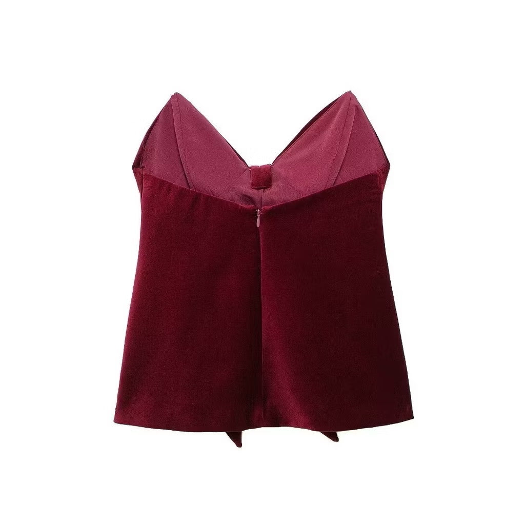 Milan Velvet Top In Wine Red