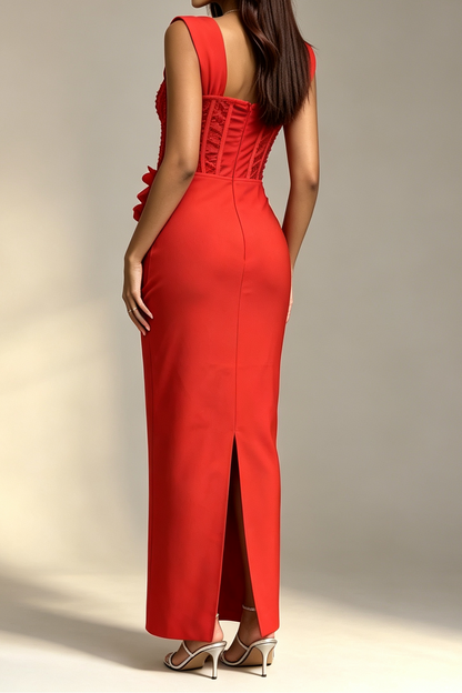 Red Square Neck Sleeveless Corset Beaded 3D Floral Bodycon Mermaid Maxi Dress