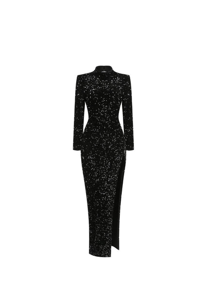 SEQUIN EMBELLISHMENTS SLIT MAXI DRESS