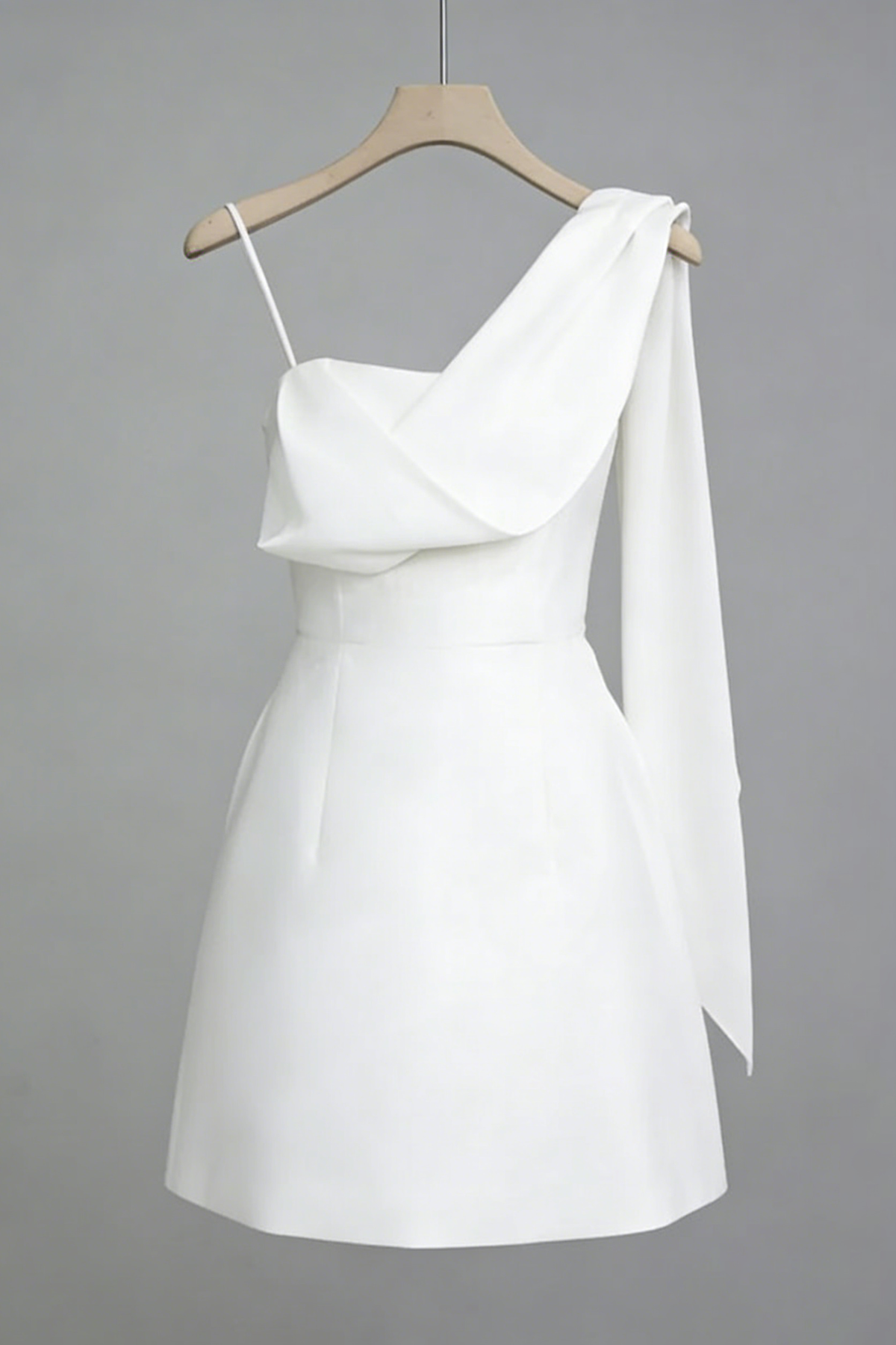 White Asymmetrical One-Shoulder Mini Dress with Sash Tie