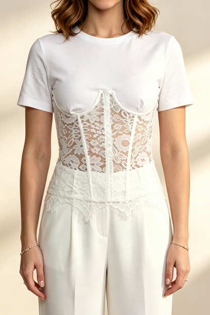 White Spliced Floral Lace Corset Short Sleeve T-shirt