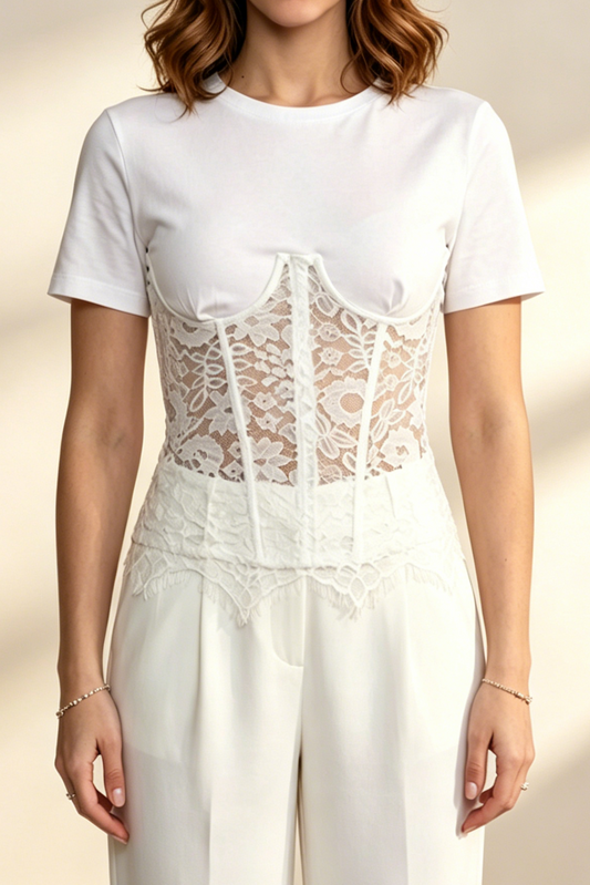White Spliced Floral Lace Corset Short Sleeve T-shirt