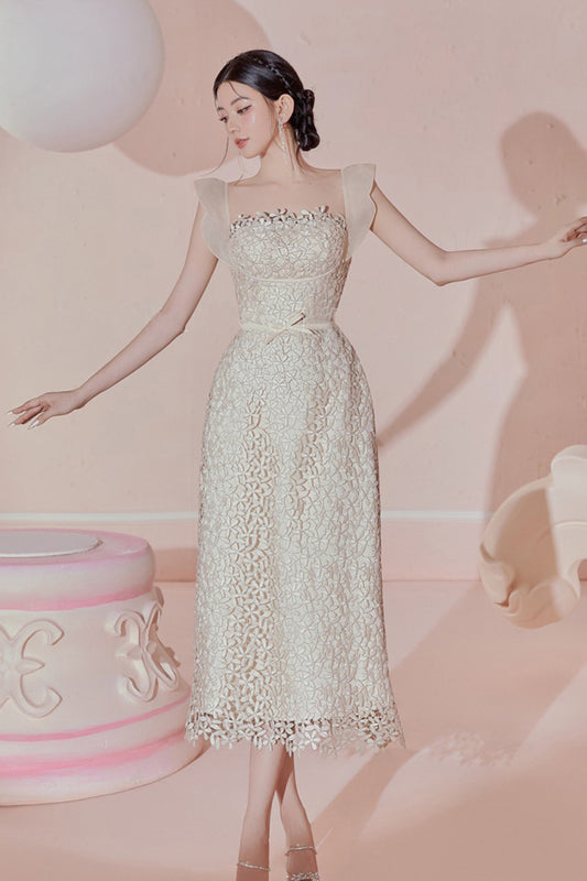 RUFFLE LACE MIDI DRESS IN WHITE