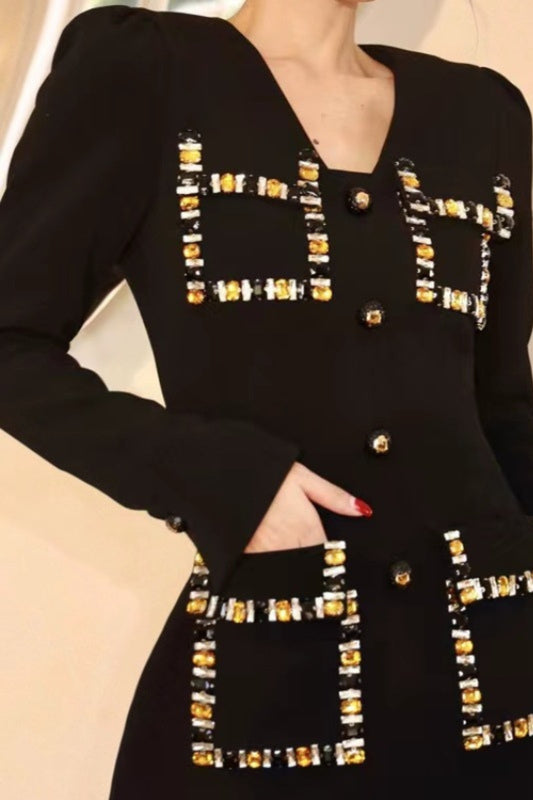 Crystal embellished mini dress in black