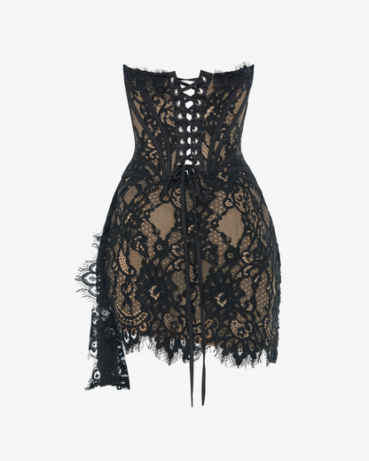 Black lace corset draped mini dress