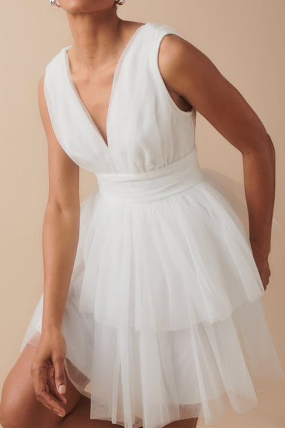 Tulle V line mini dress in white