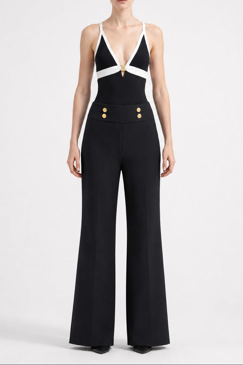 Black & White Halter Top with High-Waisted Wide-Leg Pants