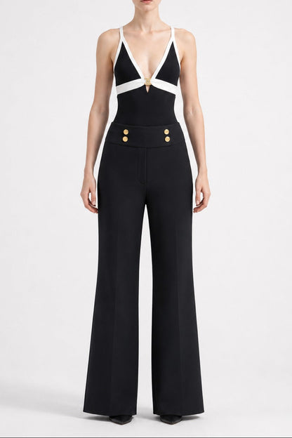 Black & White Halter Top with High-Waisted Wide-Leg Pants