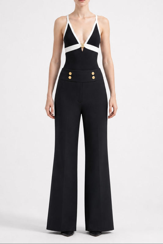 Black & White Halter Top with High-Waisted Wide-Leg Pants