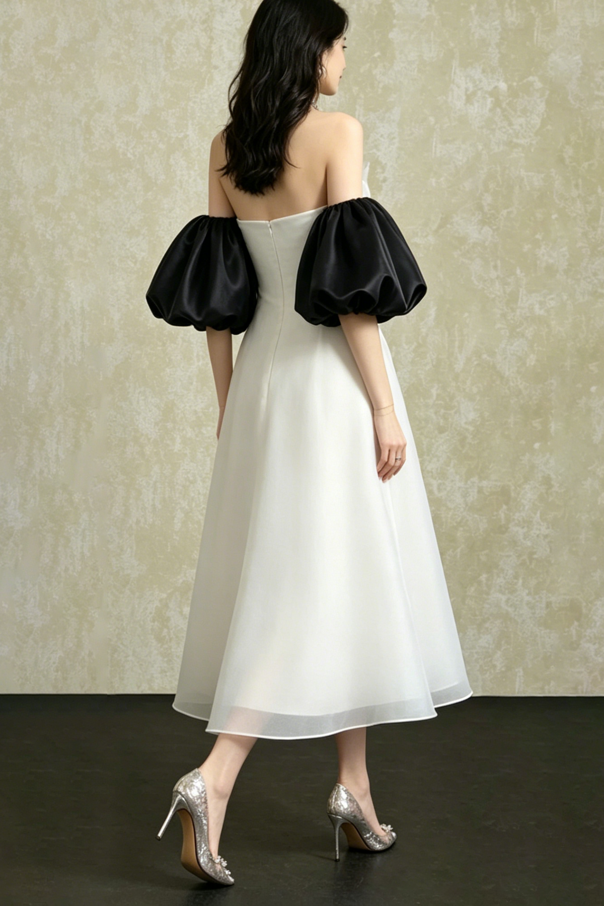 Strapless Layered Organza Midi Dress In White With Giant Puff Bubble Sleeves