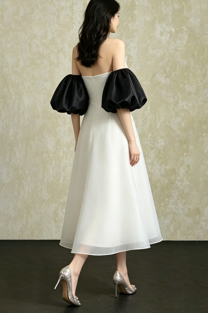 Strapless Layered Organza Midi Dress In White With Giant Puff Bubble Sleeves