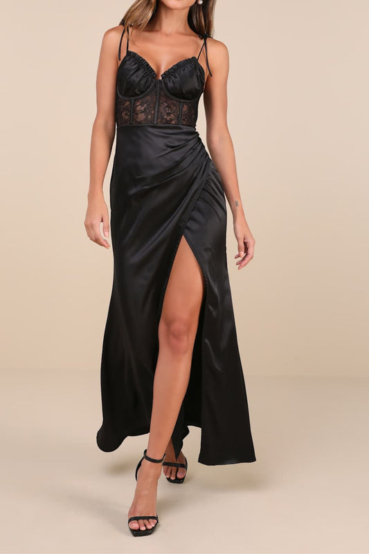 Aura Black Satin Lace Tie-Strap Bustier Maxi Dress