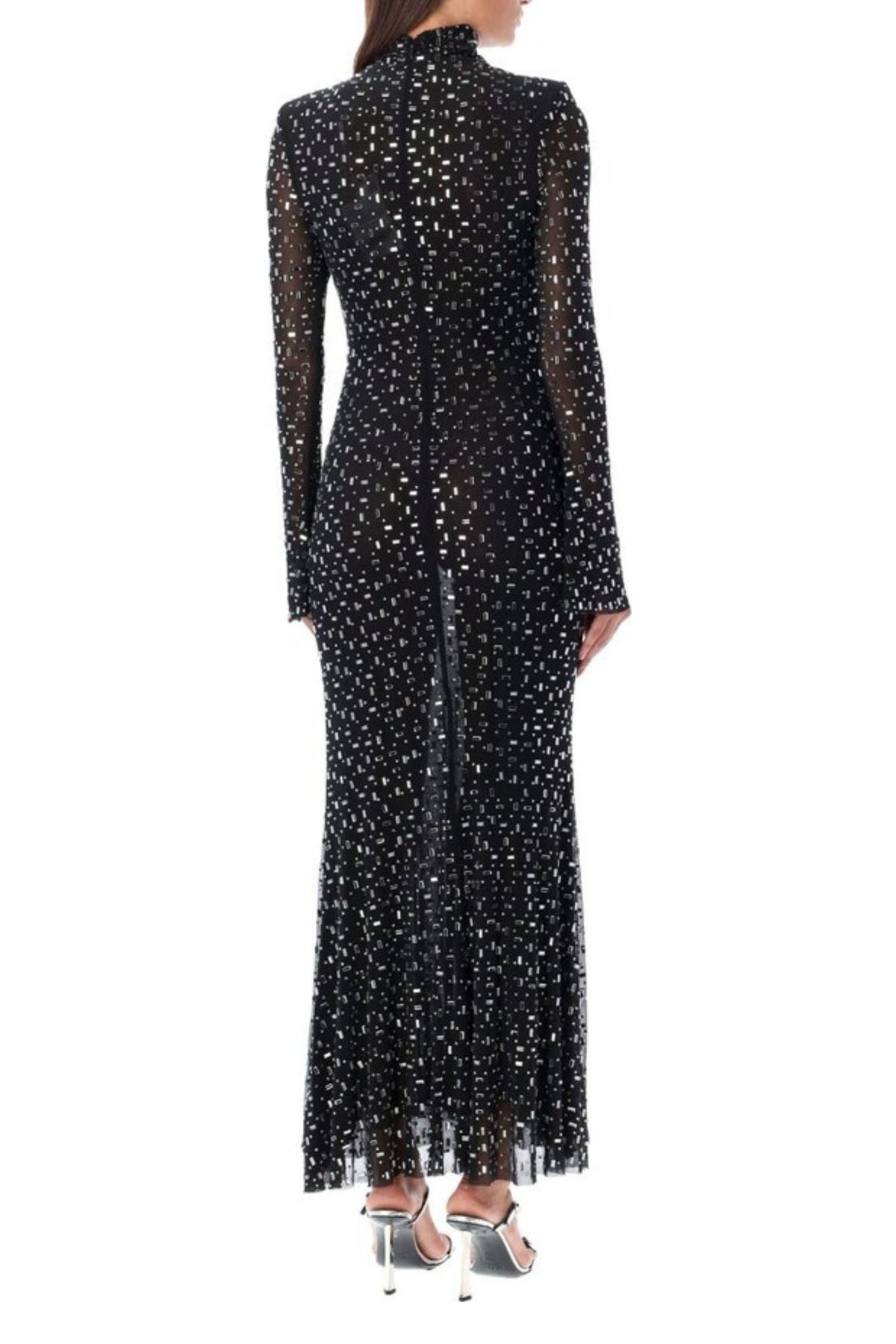 crystal Embellished Mesh Midi Dress in black