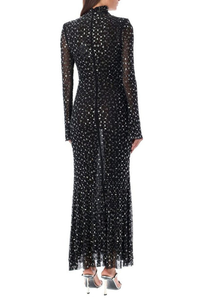 crystal Embellished Mesh Midi Dress in black