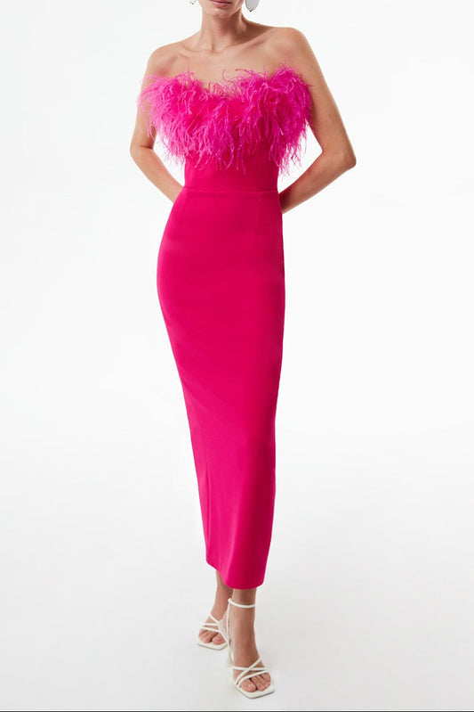 FEATHER BODYCON BANDAGE MIDI DRESS IN HOT PINK