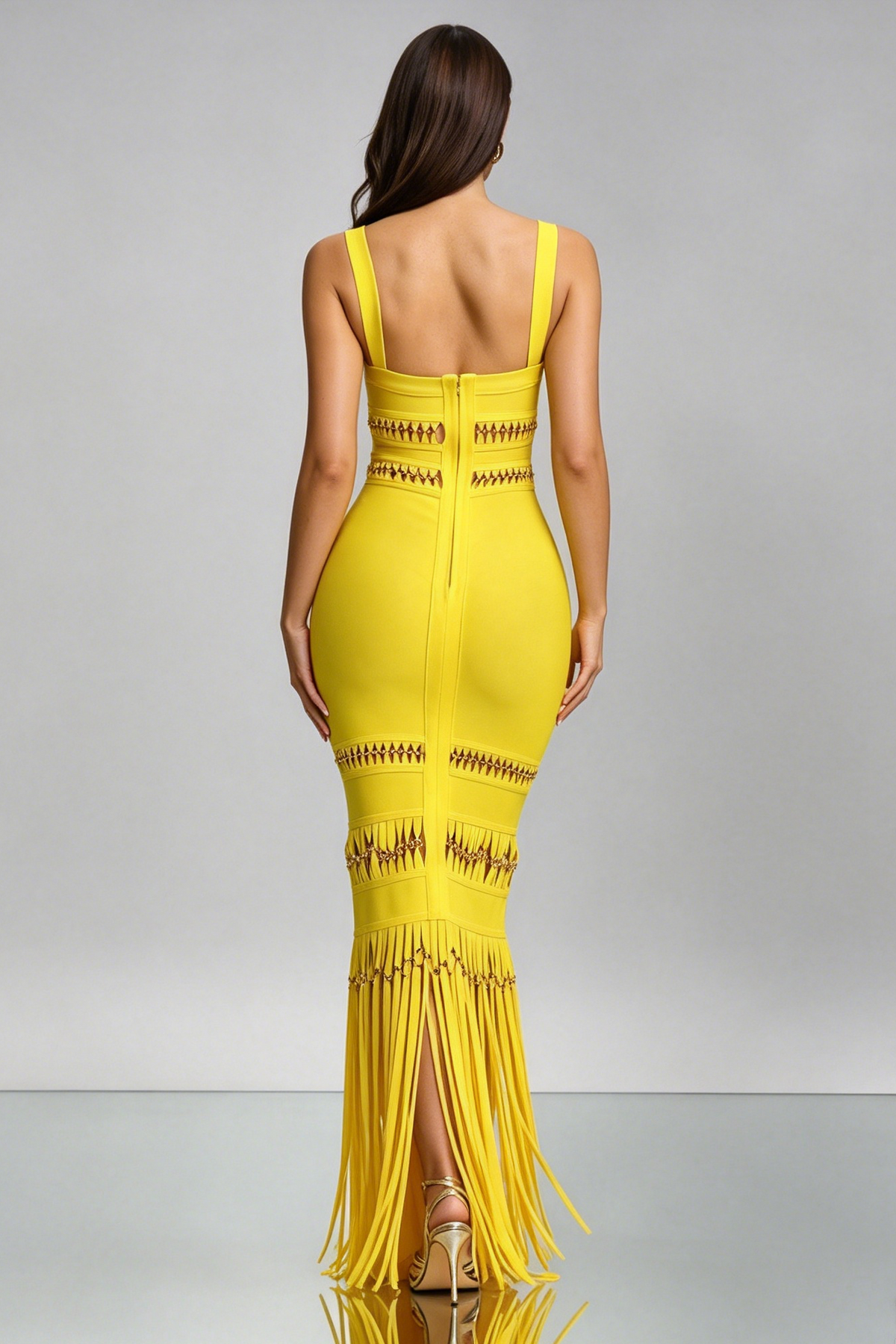 Bright Yellow Square Strap Cutout Fringe Bandage Maxi Mermaid Dress