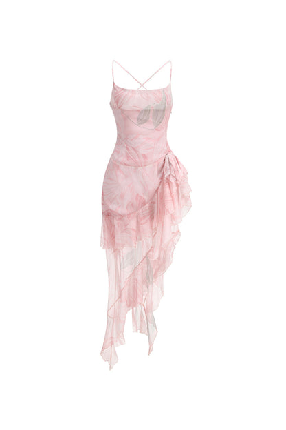 Ruffle floral backless maxi dress in pink