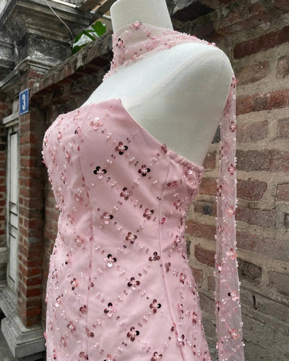 alberta Strapless Sequins pearl mini dress in pink