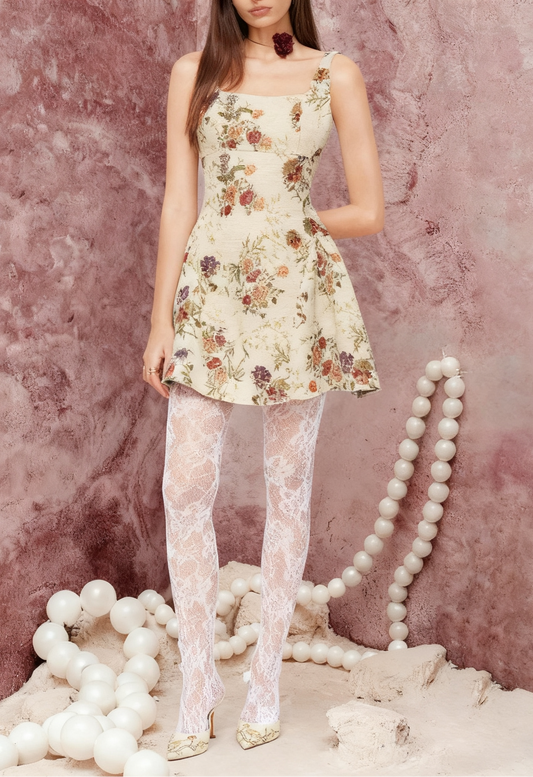 jacquard square neck floral cropped mini dress