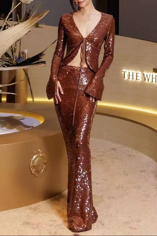Aubelin Sequin Two Piece Set - Brown