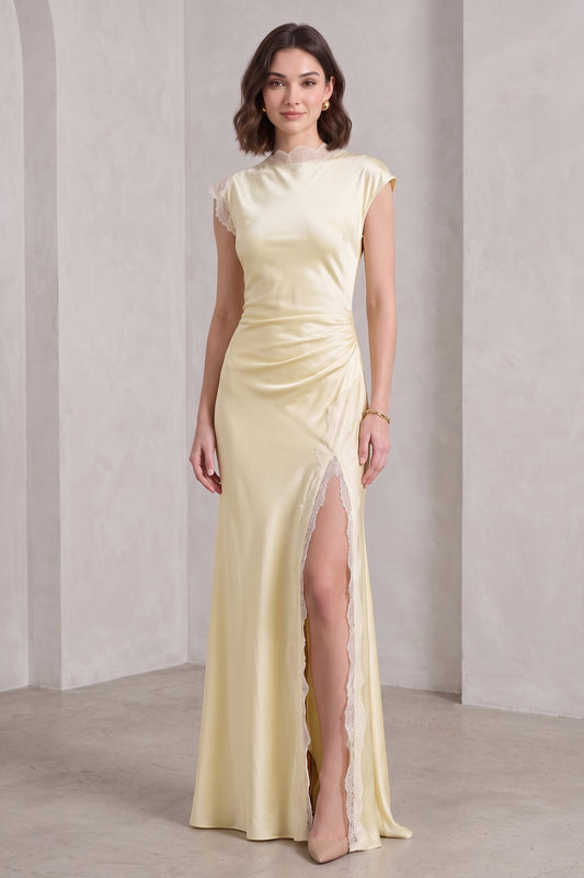 Pale Yellow Satin Column Gown with Lace Trim pale yellow satin gown - product view 4