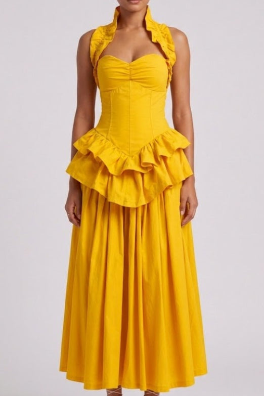 Yellow Ruffled Peplum Midi Dress Premium Fabric - product view 5