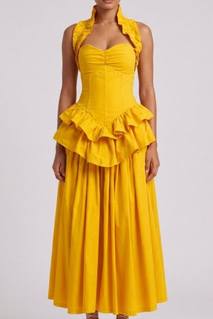 Yellow Ruffled Peplum Midi Dress Premium Fabric - product view 5