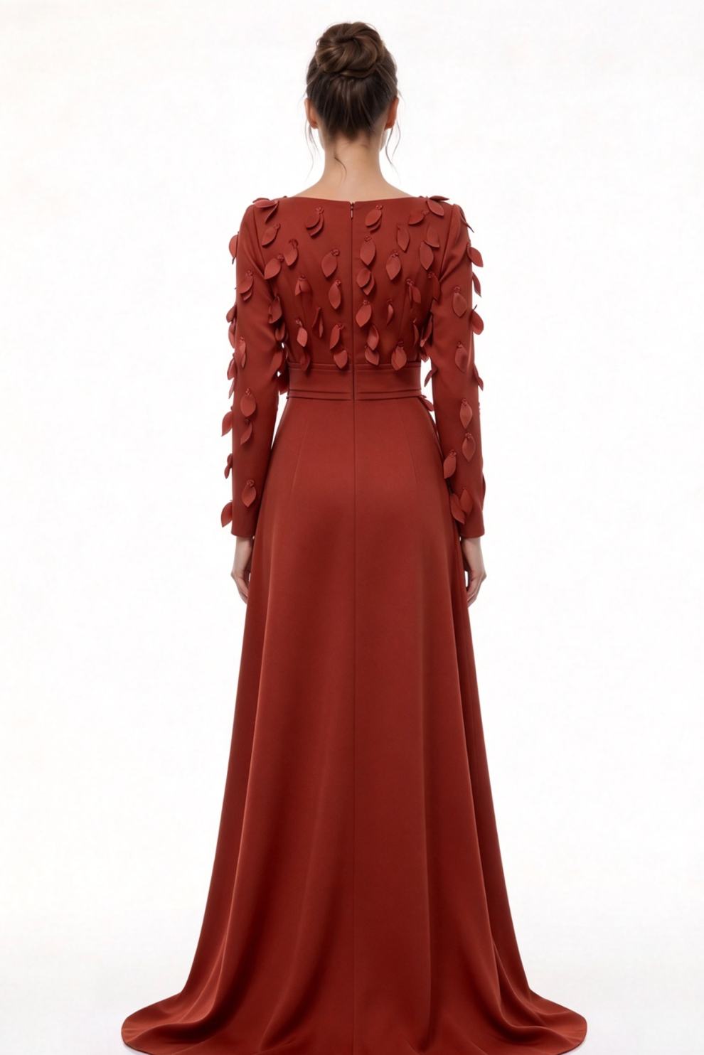 Rust Red Satin-Crepe A-Line Evening Gown with 3D Leaf Appliqués