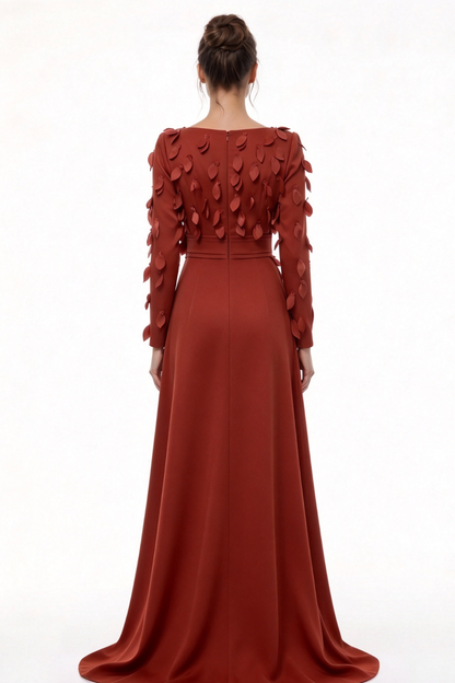 Rust Red Satin-Crepe A-Line Evening Gown with 3D Leaf Appliqués
