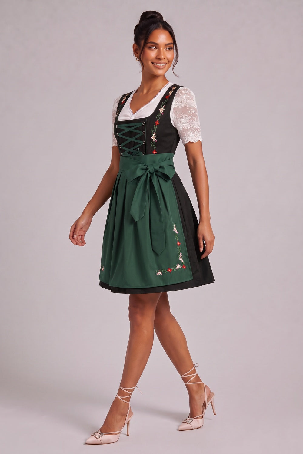 Black Woven cotton-synthetic blend Fit-and-flare Dirndl dress set Black, Dark Green, White Woven cotton-synthetic blend Dirndl dress set - product view 3