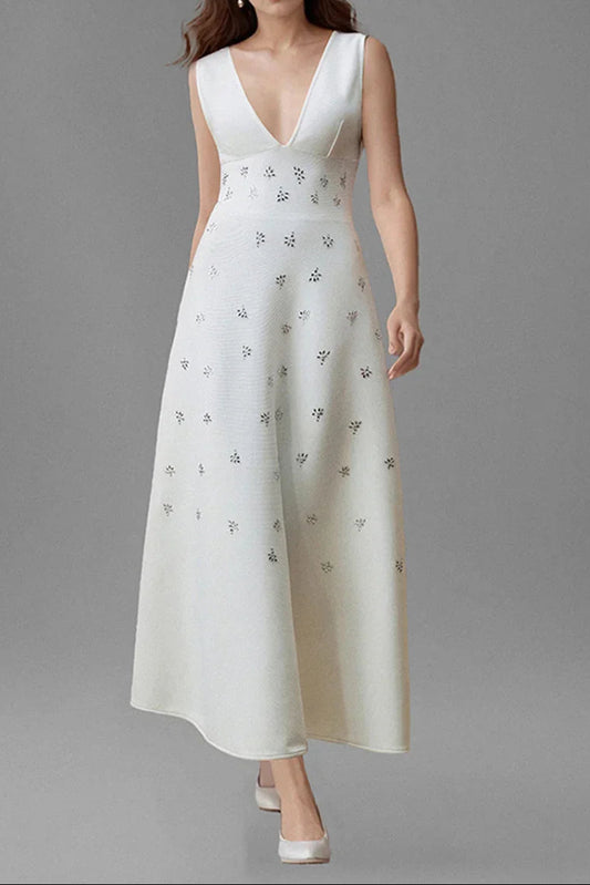 lily diamond V-neck midi dress in white
