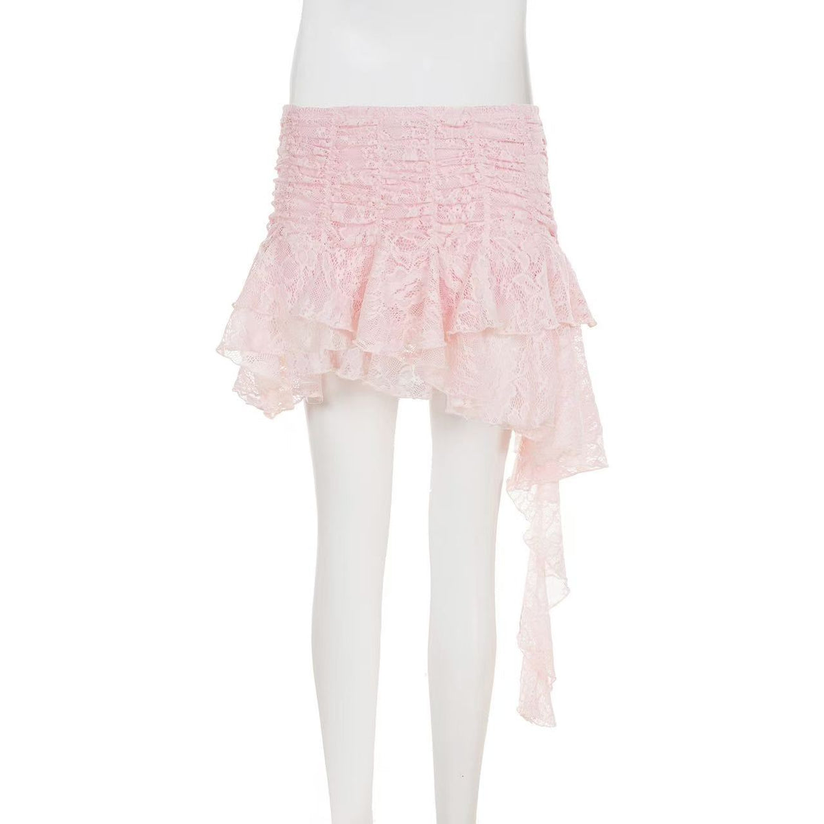 Ruched Lace Asymmetrical Mini Skirt