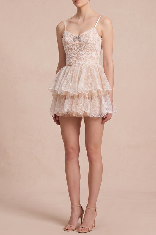 Spaghetti Strap Floral Lace Tiered Ruffle Mini Dress