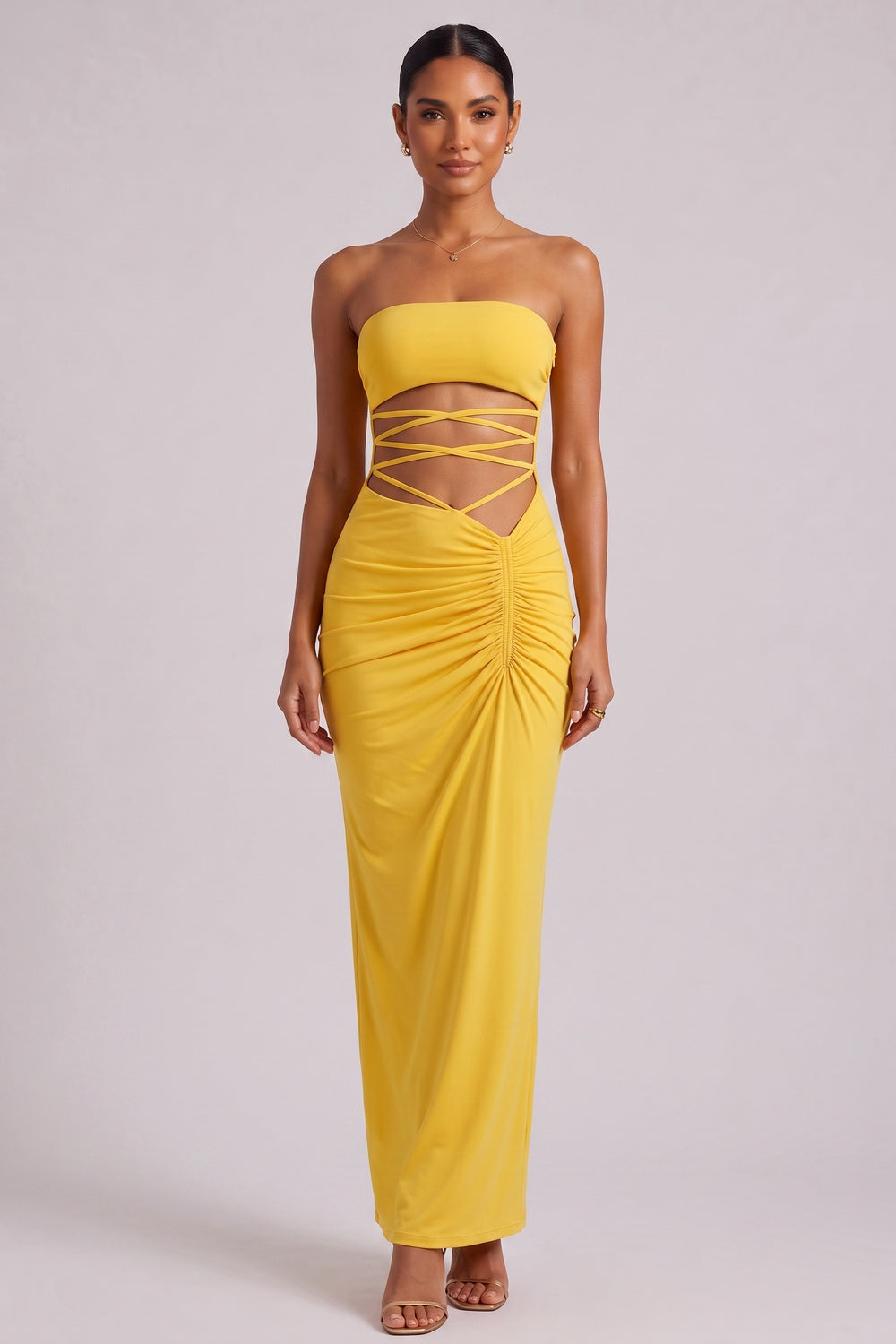 Yellow Strapless Maxi Dress with Side Cutout Detail Premium Fabric - product view 2