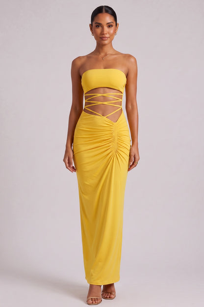 Yellow Strapless Maxi Dress with Side Cutout Detail Premium Fabric - product view 2