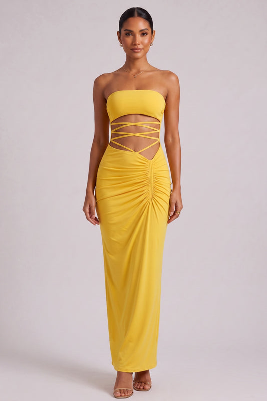 Yellow Strapless Maxi Dress with Side Cutout Detail Premium Fabric - product view 2