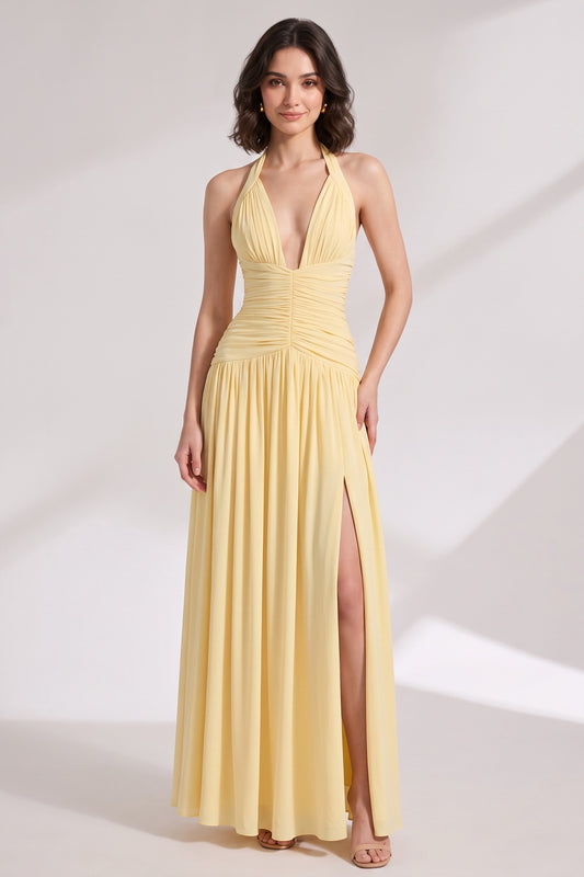 Pastel Yellow A-Line Maxi Dress with Ruched Bodice and High Slit pastel yellow lightweight fluid crepe or jersey maxi dress - product view 1